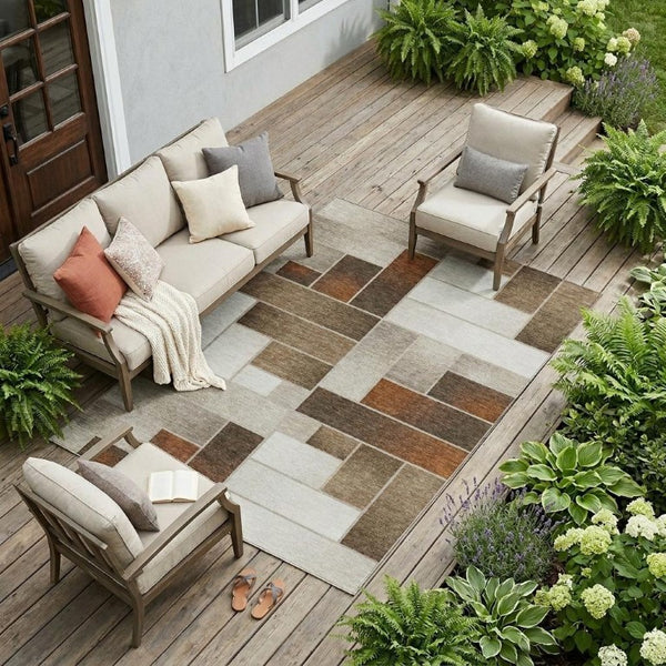 10 Ft X 14 Ft Beige Graphite Geometric Polyester Washable Rug for Patio or Living Room