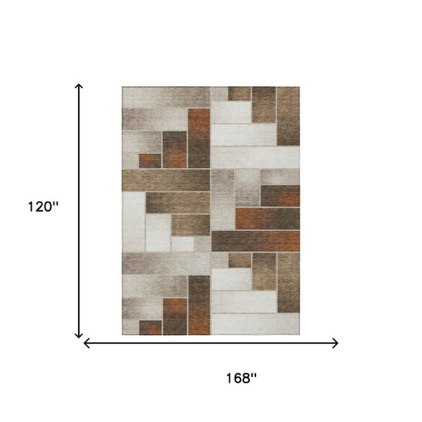 10 Ft X 14 Ft Beige Graphite Geometric Polyester Washable Rug for Patio or Living Room