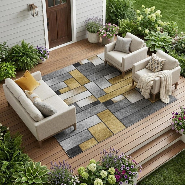 9x12 Geometric Polyester Area Rug Washable Stain Resistant Indoor Outdoor Patio Decor