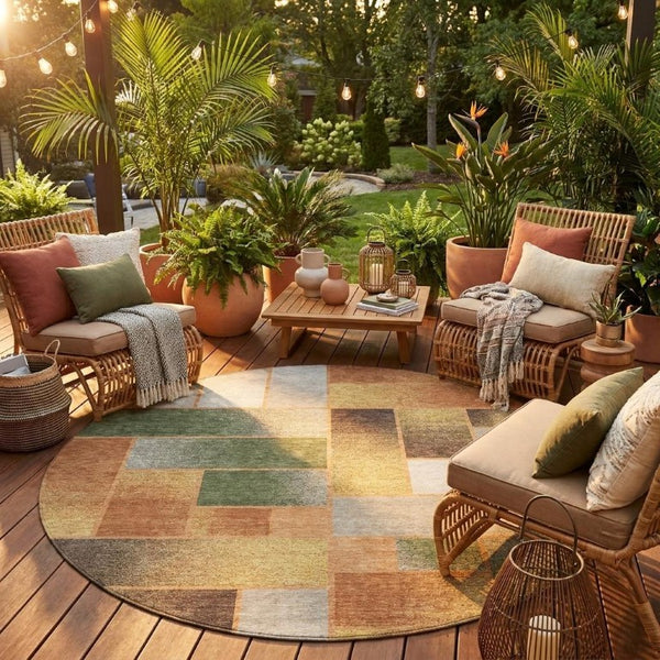 8 Foot Round Geometric Polyester Rug Copper Orange Washable for Patio or Kitchen