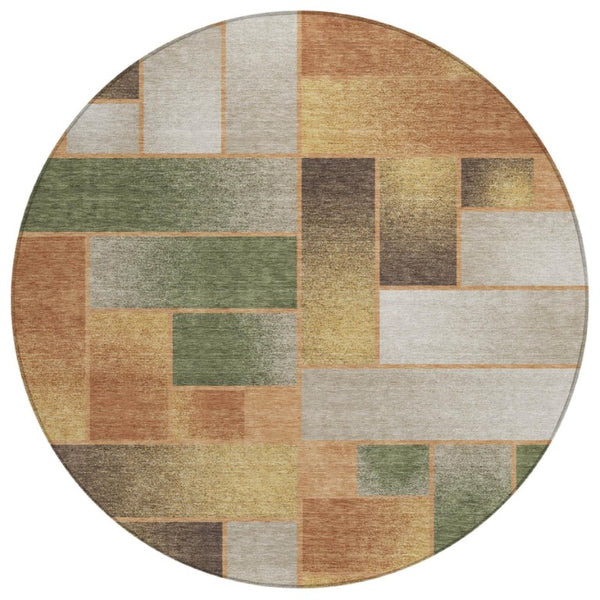HomeRoots 8 Foot Round Geometric Polyester Rug Copper Orange Washable for Patio or Kitchen 737557