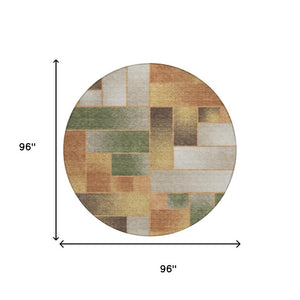 8 Foot Round Geometric Polyester Rug Copper Orange Washable for Patio or Kitchen