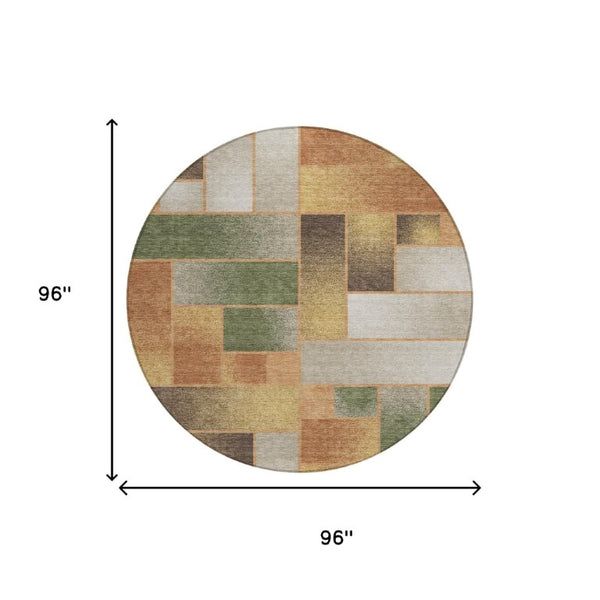 8 Foot Round Geometric Polyester Rug Copper Orange Washable for Patio or Kitchen