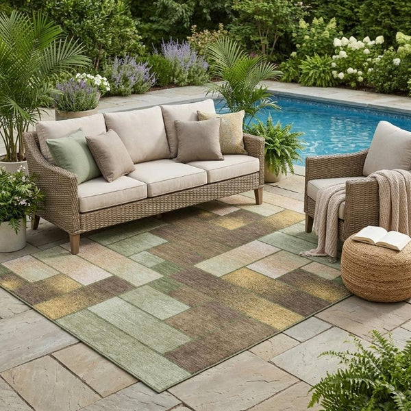 5x8 Olive Geometric Polyester Area Rug Washable Stain Resistant Indoor Outdoor Patio
