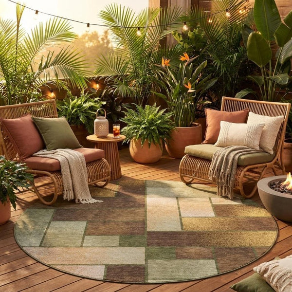 8 Ft Round Olive Geometric Polyester Area Rug Washable for Indoor Outdoor Spaces