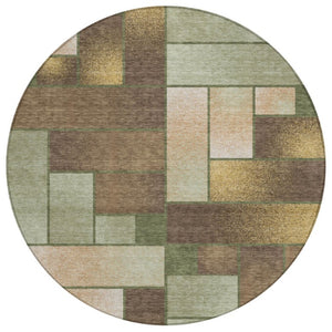 HomeRoots 8 Ft Round Olive Geometric Polyester Area Rug Washable for Indoor Outdoor Spaces 737575