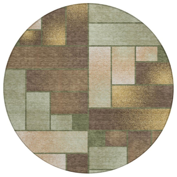 HomeRoots 8 Ft Round Olive Geometric Polyester Area Rug Washable for Indoor Outdoor Spaces 737575