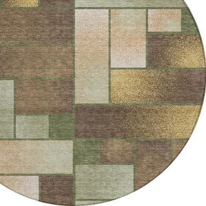 8 Ft Round Olive Geometric Polyester Area Rug Washable for Indoor Outdoor Spaces