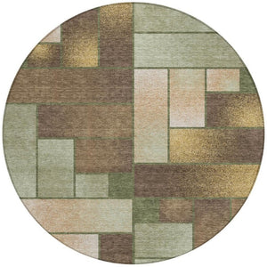 8 Ft Round Olive Geometric Polyester Area Rug Washable for Indoor Outdoor Spaces