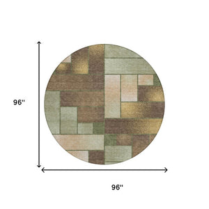8 Ft Round Olive Geometric Polyester Area Rug Washable for Indoor Outdoor Spaces