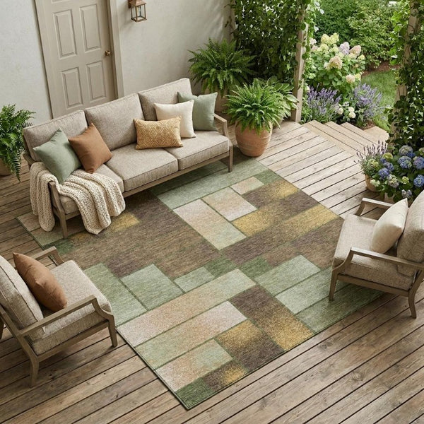 9x12 Geometric Olive Polyester Area Rug Washable Stain Resistant Indoor Outdoor Use