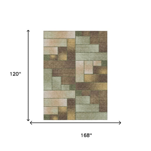 10 X 14 Olive Geometric Polyester Area Rug Washable for Indoor Outdoor Living