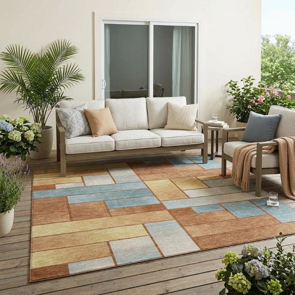 5' X 8' Orange and Blue Geometric Washable Indoor Outdoor Area Rug