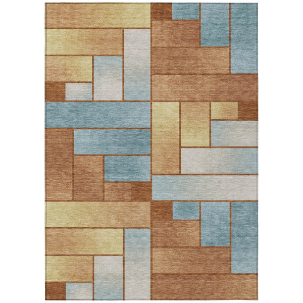 HomeRoots 5' X 8' Orange and Blue Geometric Washable Indoor Outdoor Area Rug 737580