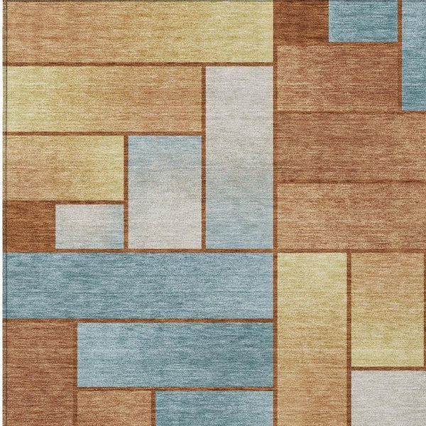 5' X 8' Orange and Blue Geometric Washable Indoor Outdoor Area Rug