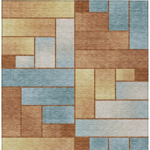 5' X 8' Orange and Blue Geometric Washable Indoor Outdoor Area Rug