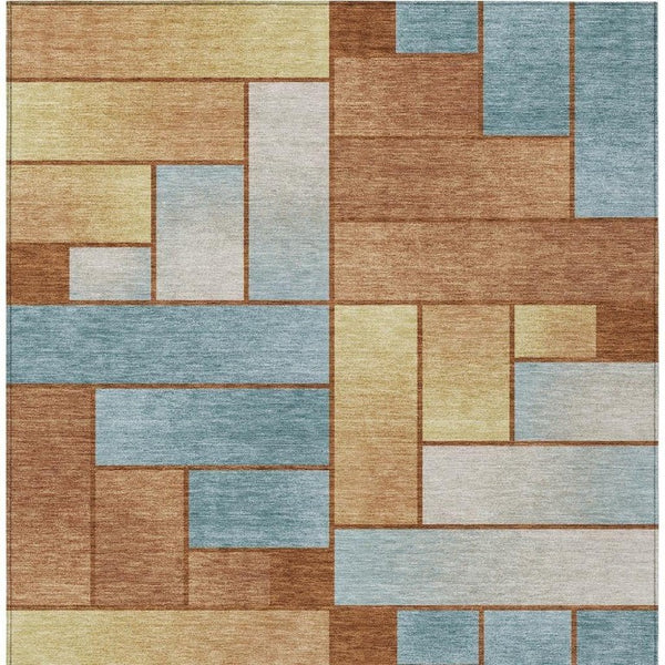 5' X 8' Orange and Blue Geometric Washable Indoor Outdoor Area Rug