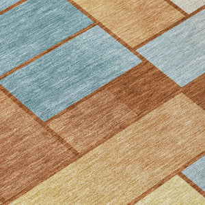 5' X 8' Orange and Blue Geometric Washable Indoor Outdoor Area Rug