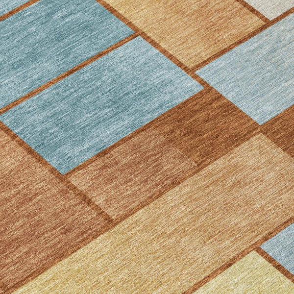 5' X 8' Orange and Blue Geometric Washable Indoor Outdoor Area Rug