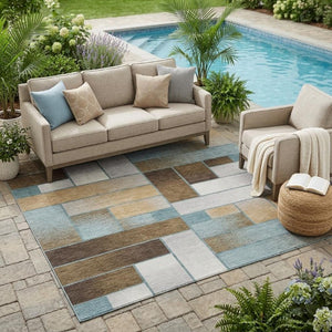 5 X 8 Teal Gold Geometric Polyester Area Rug Washable for Patio Porch or Living Room