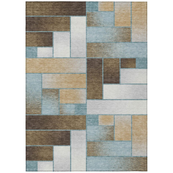 HomeRoots 5 X 8 Teal Gold Geometric Polyester Area Rug Washable for Patio Porch or Living Room 737586