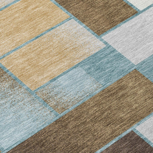 5 X 8 Teal Gold Geometric Polyester Area Rug Washable for Patio Porch or Living Room