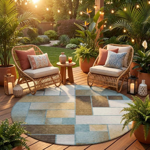8 Ft Round Geometric Polyester Area Rug Teal Gold Washable for Indoor Outdoor