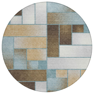 HomeRoots 8 Ft Round Geometric Polyester Area Rug Teal Gold Washable for Indoor Outdoor 737587