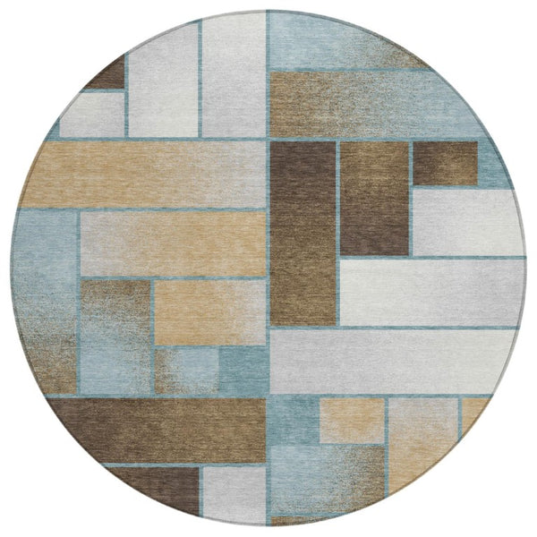 HomeRoots 8 Ft Round Geometric Polyester Area Rug Teal Gold Washable for Indoor Outdoor 737587
