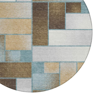8 Ft Round Geometric Polyester Area Rug Teal Gold Washable for Indoor Outdoor