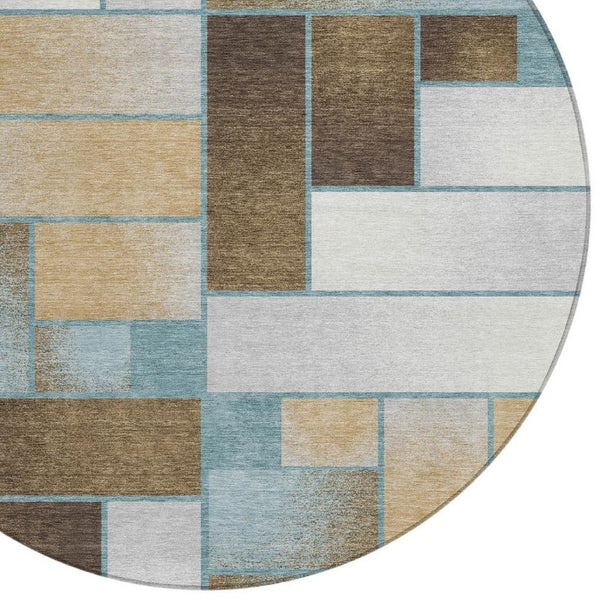 8 Ft Round Geometric Polyester Area Rug Teal Gold Washable for Indoor Outdoor