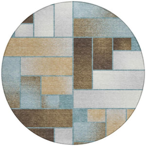 8 Ft Round Geometric Polyester Area Rug Teal Gold Washable for Indoor Outdoor