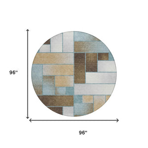 8 Ft Round Geometric Polyester Area Rug Teal Gold Washable for Indoor Outdoor