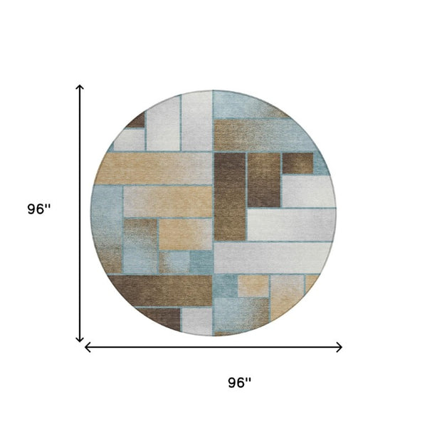 8 Ft Round Geometric Polyester Area Rug Teal Gold Washable for Indoor Outdoor
