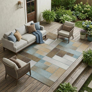 8 X 10 Teal Gold Geometric Polyester Area Rug Stain Resistant for Patio or Living Room