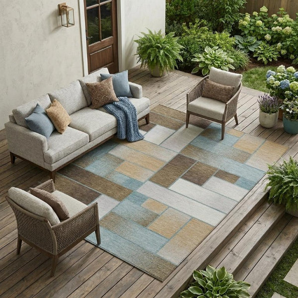 8 X 10 Teal Gold Geometric Polyester Area Rug Stain Resistant for Patio or Living Room