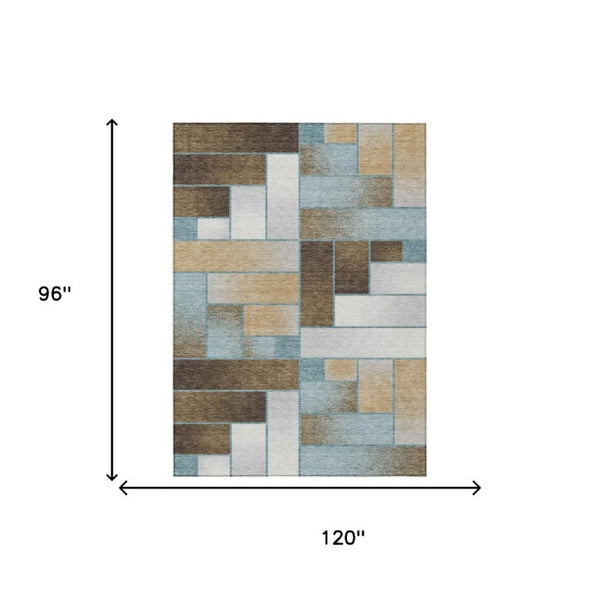 8 X 10 Teal Gold Geometric Polyester Area Rug Stain Resistant for Patio or Living Room