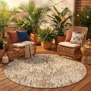 8 Ft Round Abstract Polyester Area Rug Washable Beige Brown Indoor Outdoor