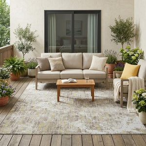 5 X 8 Abstract Ivory Blue Washable Polyester Rug for Indoor Outdoor Living Spaces