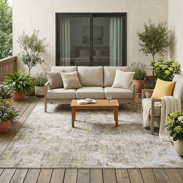 5 X 8 Abstract Ivory Blue Washable Polyester Rug for Indoor Outdoor Living Spaces