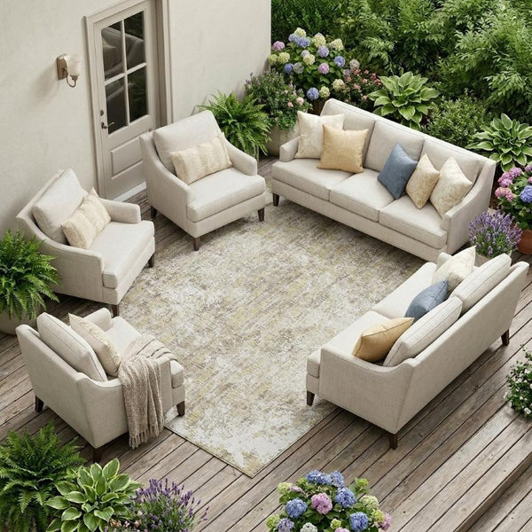 8x10 Ivory Blue Abstract Polyester Area Rug Washable for Indoor Outdoor Spaces