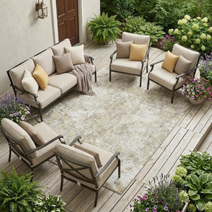 10 X 14 Abstract Ivory Blue Polyester Area Rug Washable for Indoor Outdoor Use