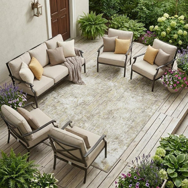 10 X 14 Abstract Ivory Blue Polyester Area Rug Washable for Indoor Outdoor Use