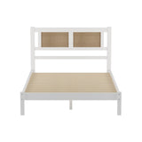 English Elm 3-Pieces Bedroom Sets Full Size Wooden Platform Bed With Natural Rattan Headboard, Nightstands Set Of 2 With Rattan-Woven Surfaces and Three Drawers For Bedroom, White