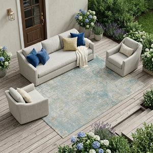 8 Ft X 10 Ft Teal Abstract Polyester Area Rug Washable for Indoor Outdoor Use