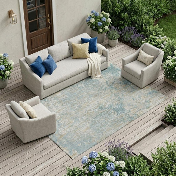 8 Ft X 10 Ft Teal Abstract Polyester Area Rug Washable for Indoor Outdoor Use