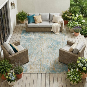 9' X 12' Teal Blue and Linen Abstract Washable Indoor Outdoor Area Rug