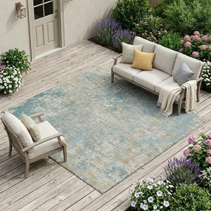 10 X 14 Abstract Teal Polyester Area Rug Washable for Indoor Outdoor Spaces