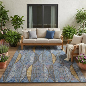 5x8 Blue Brown Geometric Polyester Area Rug Washable Stain Resistant Indoor Outdoor