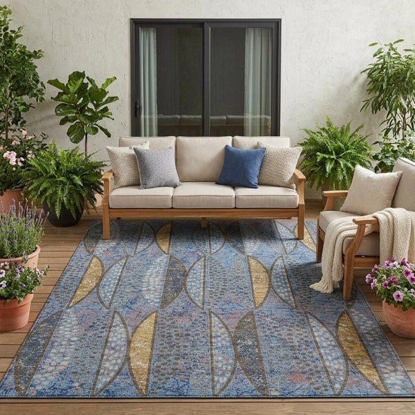 5x8 Blue Brown Geometric Polyester Area Rug Washable Stain Resistant Indoor Outdoor